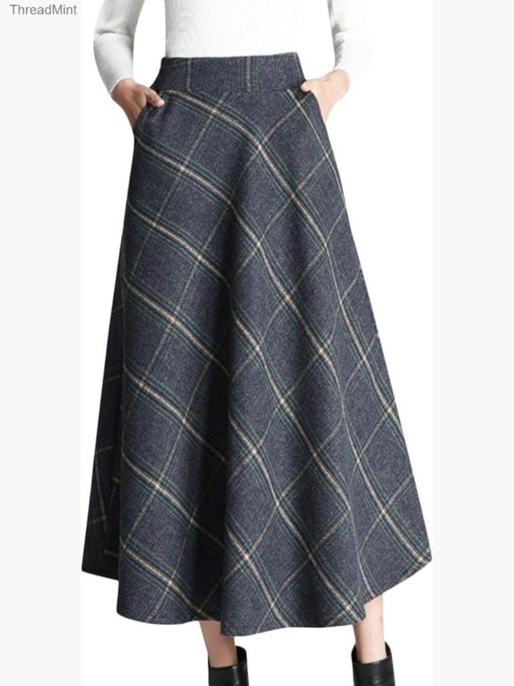 Wool Elastic Waist Plaid A-Line Pleated Long Skirt